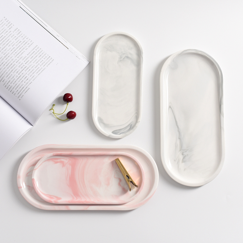 Travertine Tray Oval - 노르딕 대리석 질감 트레이 세라믹 타원형